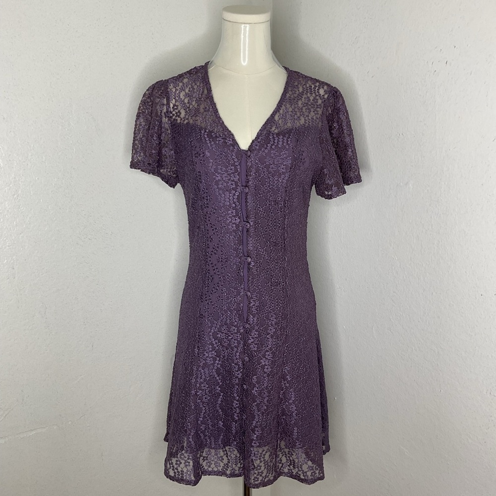 MI AMI Purple Lace Floral Dress Feminine Fairycore Romantic Flutter Sleeve Sz S